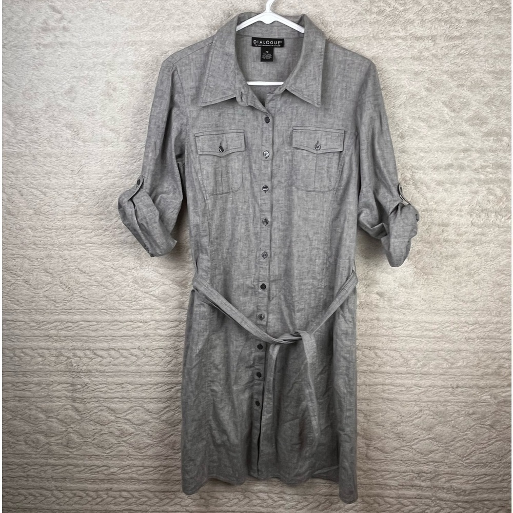 DIALOGUE Beachy Shirt Dress Linen Blend Small Petite Casual Chambray Tie Belt
